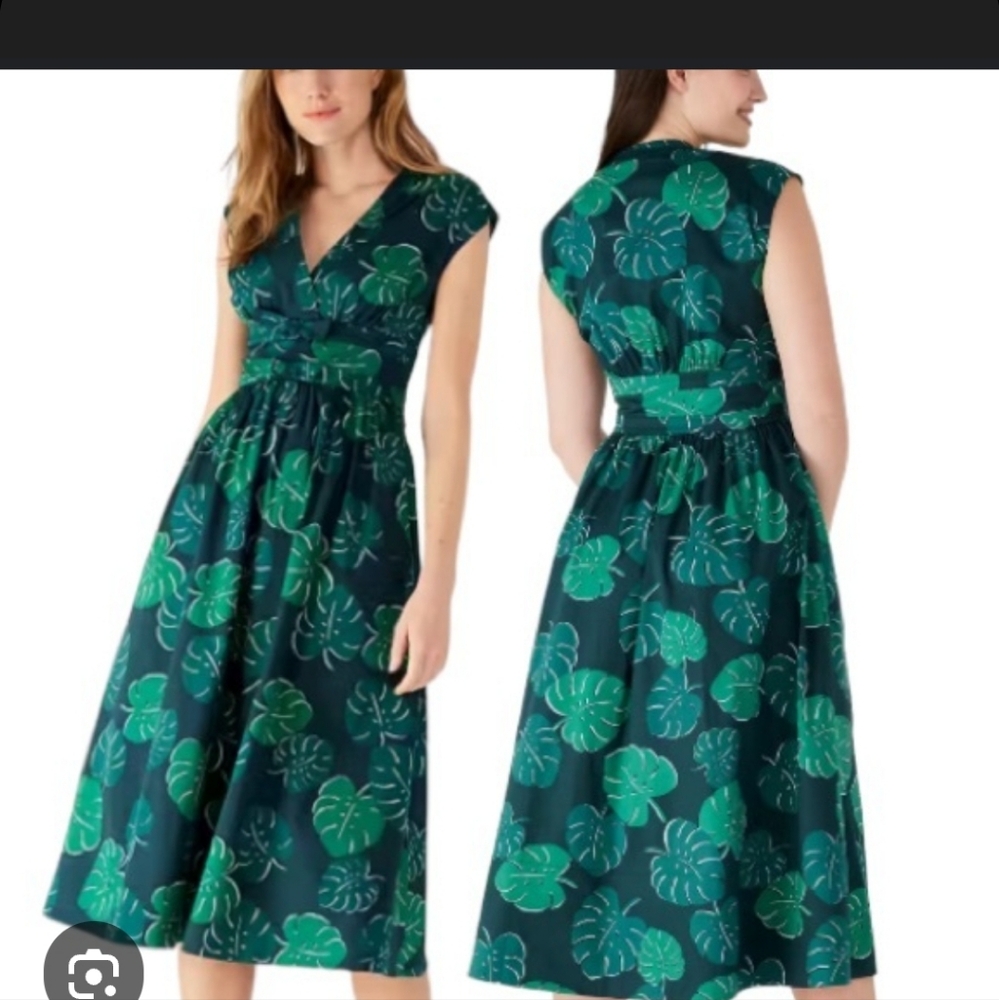 Kate Spade Teal and Green Leaf Midi Dress